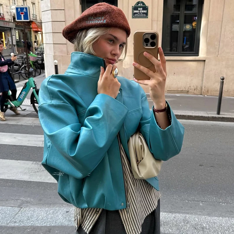 Übergroße Kunstlederjacken für Damen, Streetwear mit Stehkragen, Langarm, Gerüscht, Einfarbig, Locker Sitzende Mäntel, Schicke Damen-Oberbekleidung – Detail 4