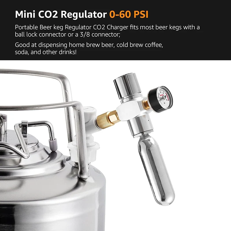 0-60Psi Co2 Regulator Mini Keg Charger, Portable Beer Keg Regulator for Beer Barrel / Corny Keg / Ball Lock keg