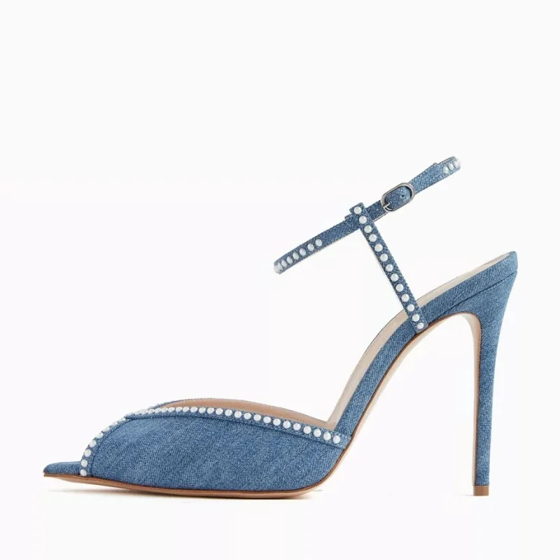

Arden Furtado 2025 Summer blue denim word-cingulate Sandals Pointed toe Sexy Super high heel Crystal Modern Sandals Large size