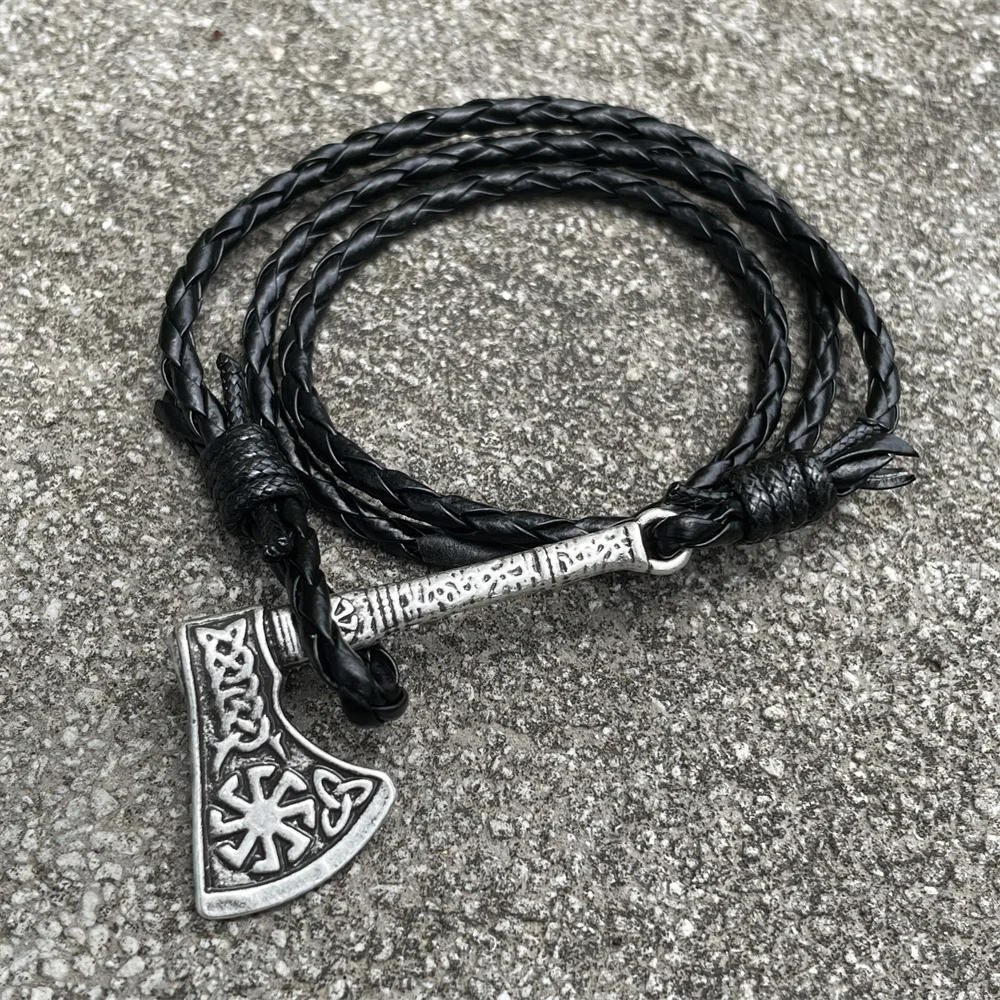 Viking Axe Charm Wolf Raven Amulet Slavic Kolovrat Norse Men\'s Leather Accessories Handmade Braided Wrap Pirate Bracelet