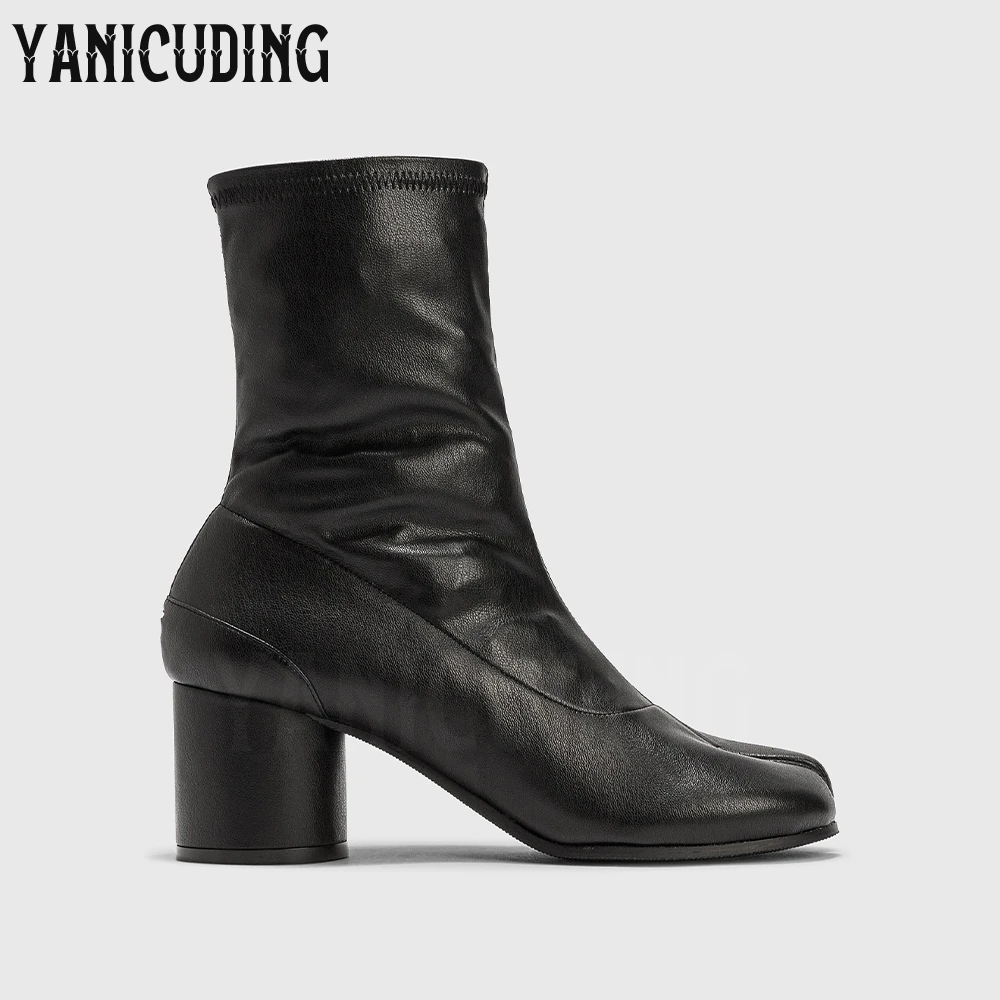 Botki na wysokim obcasie Tabi Stretch Botki damskie Miękkie skórzane botki Designerski styl Wsuwane cylindryczne obcasy Split Toe Comfort Boots