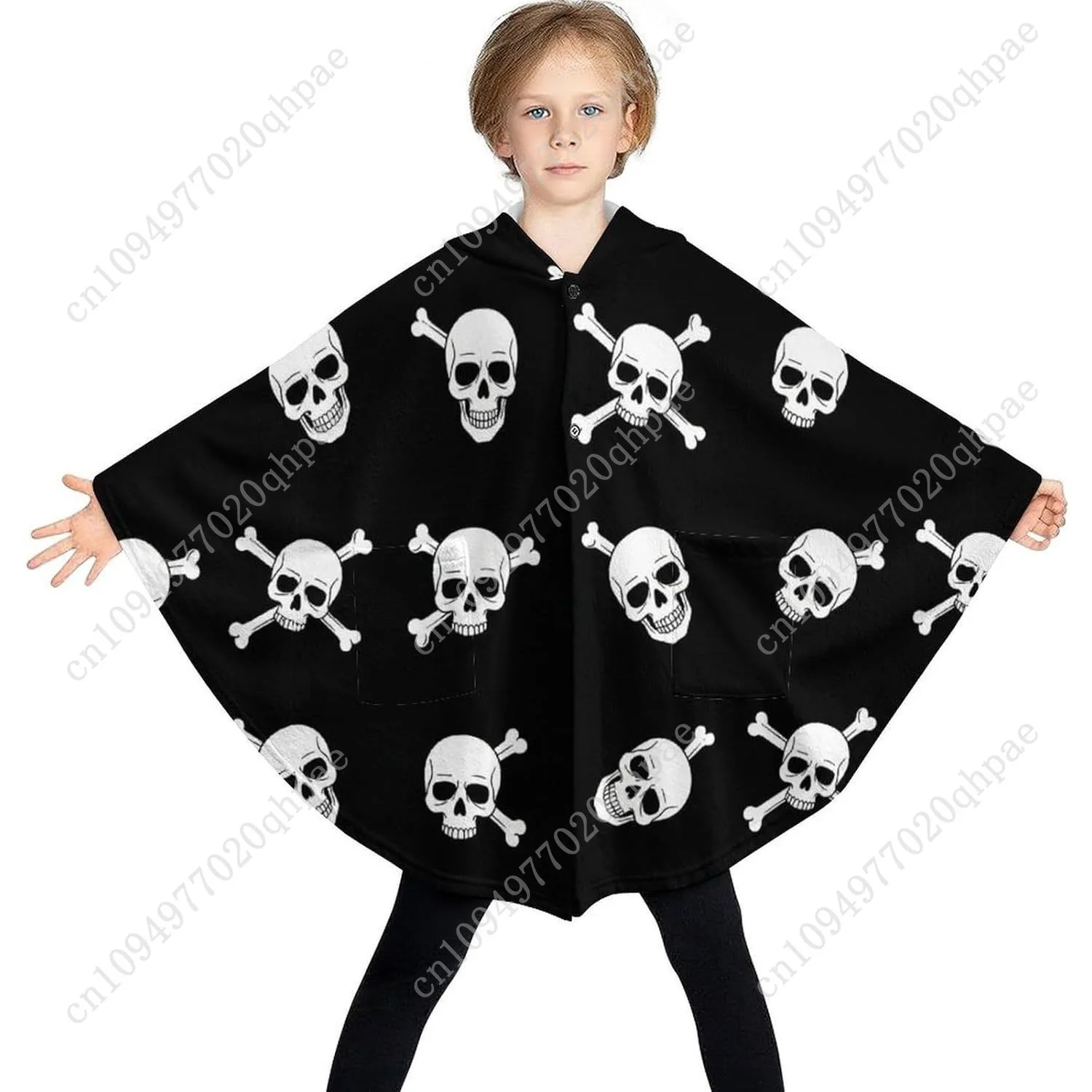 سترة بطانية مريحة من الفلانيل، سترة بغطاء للرأس كبيرة الحجم على شكل جمجمة مع جيوب للأطفال والمراهقين #3