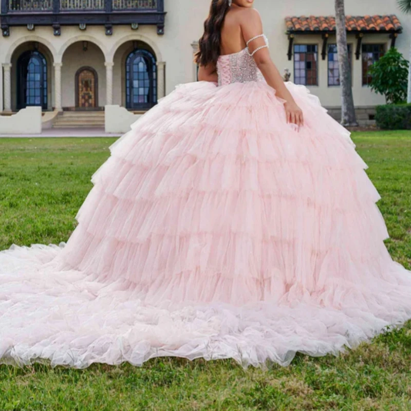 Customized Princess Girl Quinceanera Dresses Off The Shoulder Crystal Tiered Skirt Puffy Women Birthday Party Prom Dress 15 16