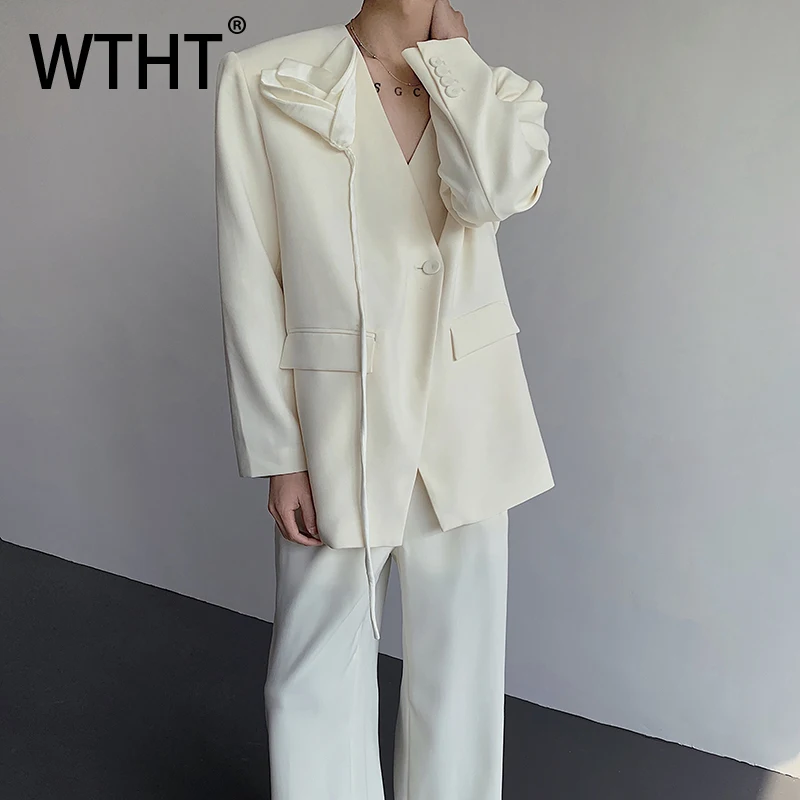 

WTHT Fashion Men's Solid Color Spliced 3D Flower Blazer Coat Trendy 2025 Autumn Long Sleeves Single Deduction Jacket Male 2A1489