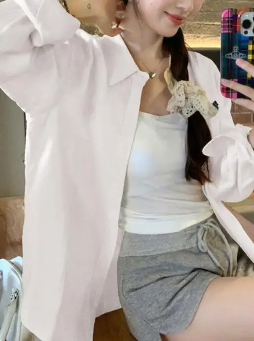 

Autumn Solid Color Lapel Single Breasted Long Sleeved Shirt for Women, Elegant and Casual, Simple Embroidered Long Sleeved Shirt