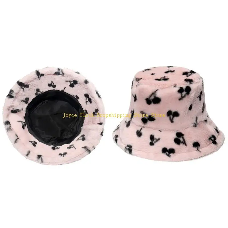 

Cherry Print Basin Hat Fruit Plush Fisherman Hat Female Girl Outdoor Winter 10CD