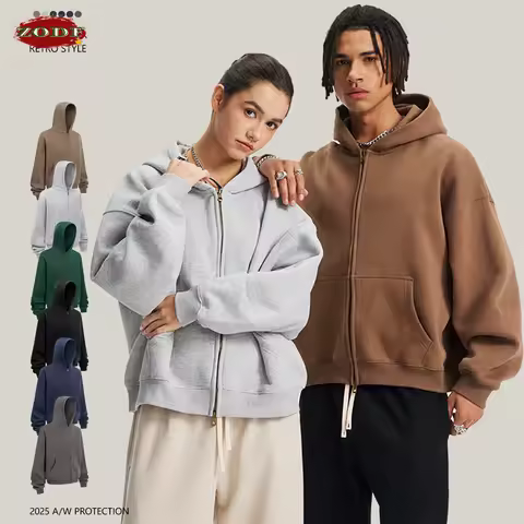 ZODF Trendy 2025 Winter Man Solid Fleece Boxy Hoodies Unisex 350gsm Double Head Zipper Hooded Sweatshirts Coat HY1122