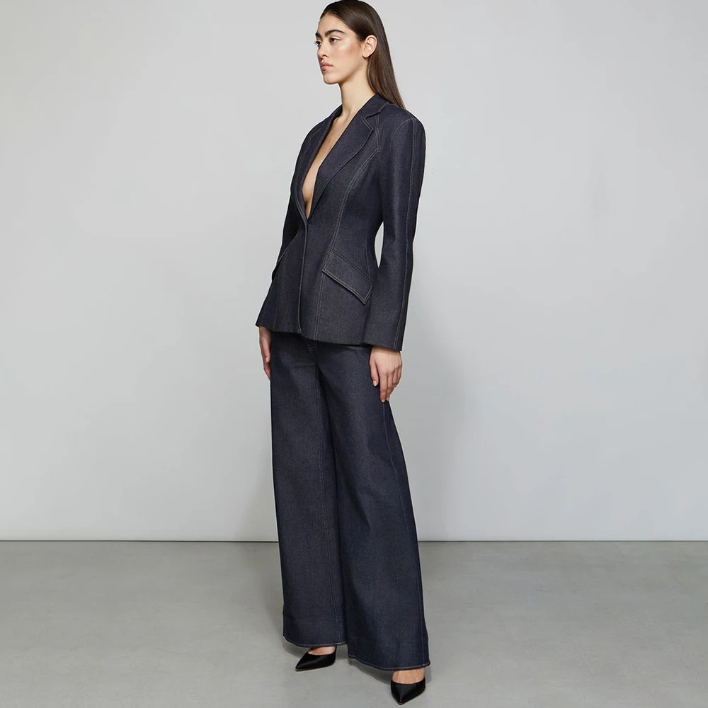 

Casual Women's Black Denim Suit Modern Single Breasted 2 Piece Set Jacket+Pants Formal Tailored Party Outfit Daily Workwear