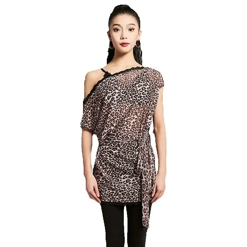

New Latin Dance Clothes Women Practice Tops Sexy Slanted Shoulder Mesh Tops Cha Cha Rumba Samba Dance Performance Smock
