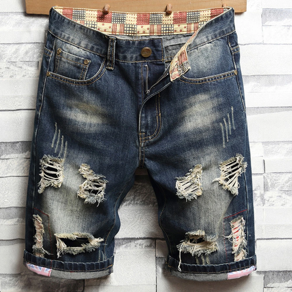 Hole Vintage Men Jeans Shorts Denim Distressed Knee Length Pockets Spliced Cuffs Skinny Washed Punk Style Ripped Mid Waist 2024