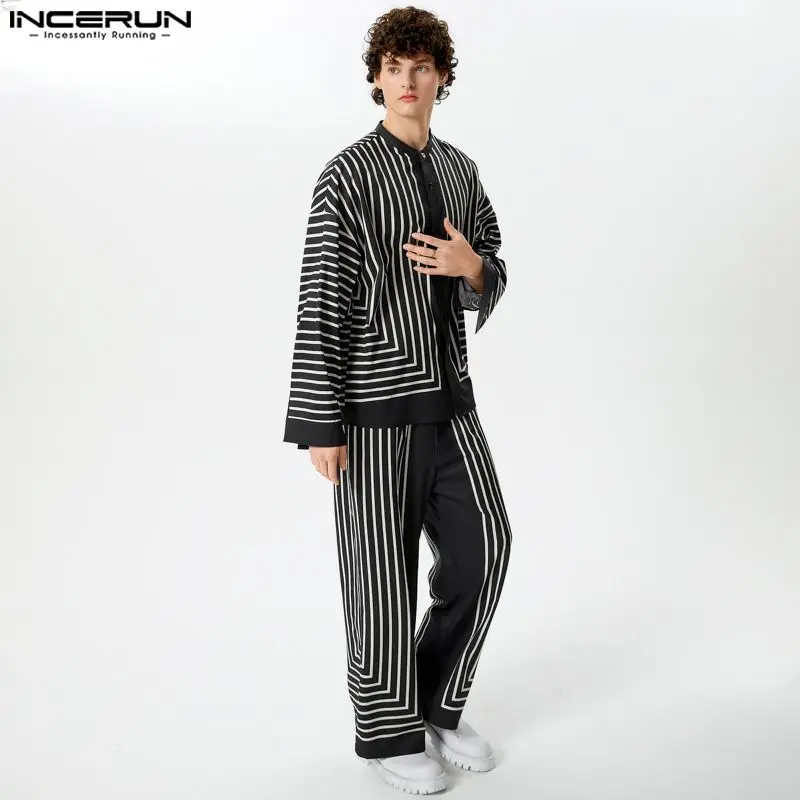 

INCERUN 2024 American Style Sets Handsome Men Striped Stand Collar Shirts Long Pants Casual Streetwear Male Two-piece Sets S-5XL