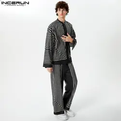 INCERUN 2024 American Style Sets Handsome Men Striped Stand Collar Shirts Long Pants Casual Streetwear Male Two-piece Sets S-5XL