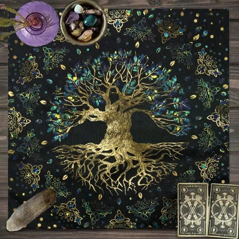 VIKAMA Celtic Pattern Gilded Tree of Life Tarot Tablecloth Mysterious Divination Altar Cloth Ritual Table Mat Background Cloth