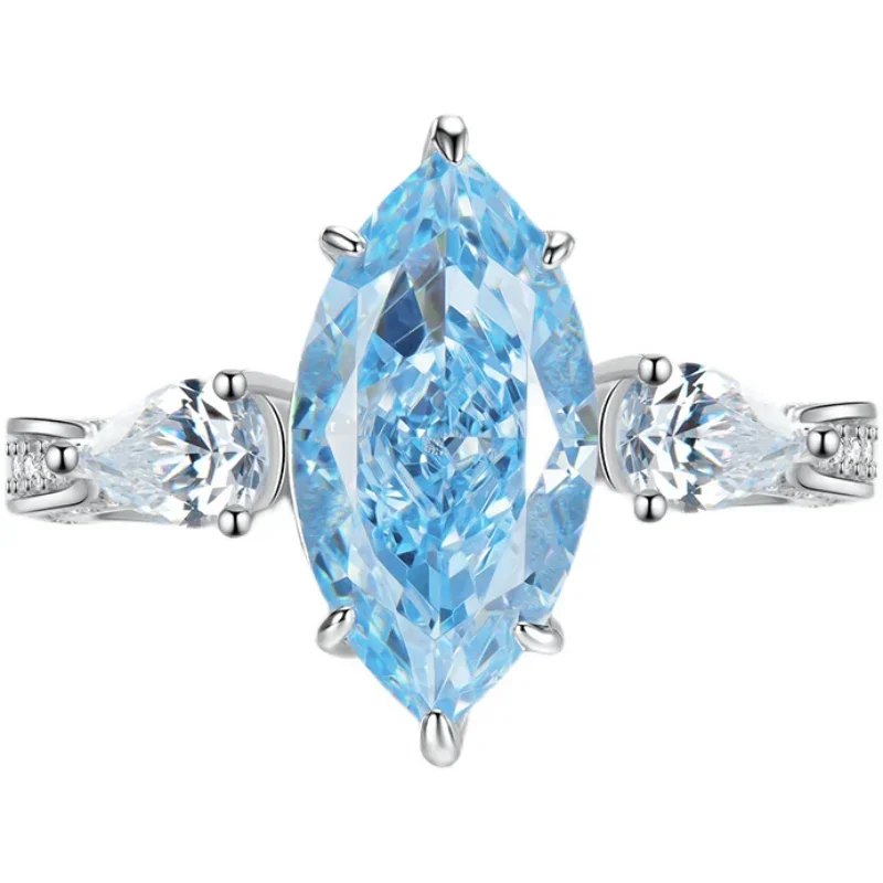 Mist Blue High Carbon Diamond Ring Finger Crushed Ice Cutting 925 Pure Silver Gold Plated Engagement Jewelry for Women