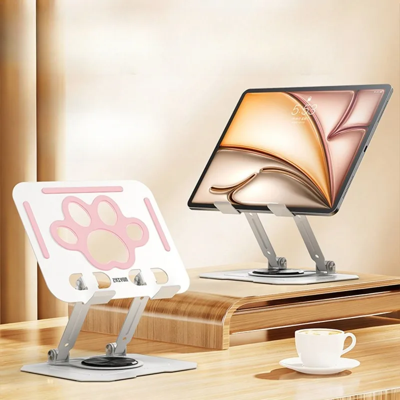 Cute Cat Paw Hollow Metal Tablet Phone Stand 360° Rotatable Foldable Adjustable Desk Holder for Tablet Phone Portable Support