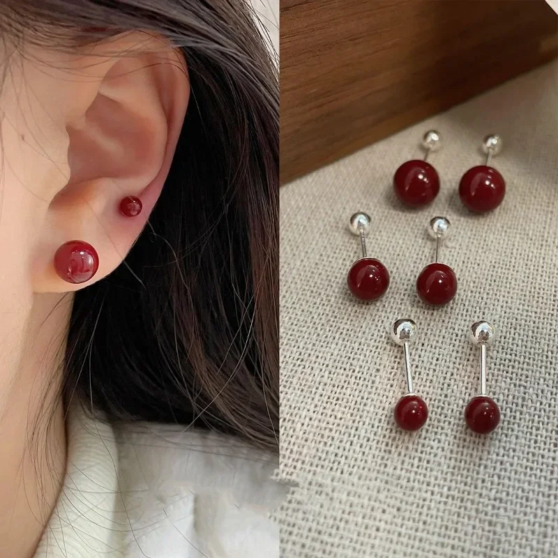 New 4/6/8mm Fashion Red Color Cinnabar Cartilage Stud Earrings for Women Girls Simple Delicate Metal Geometric Ear Bone Earrings