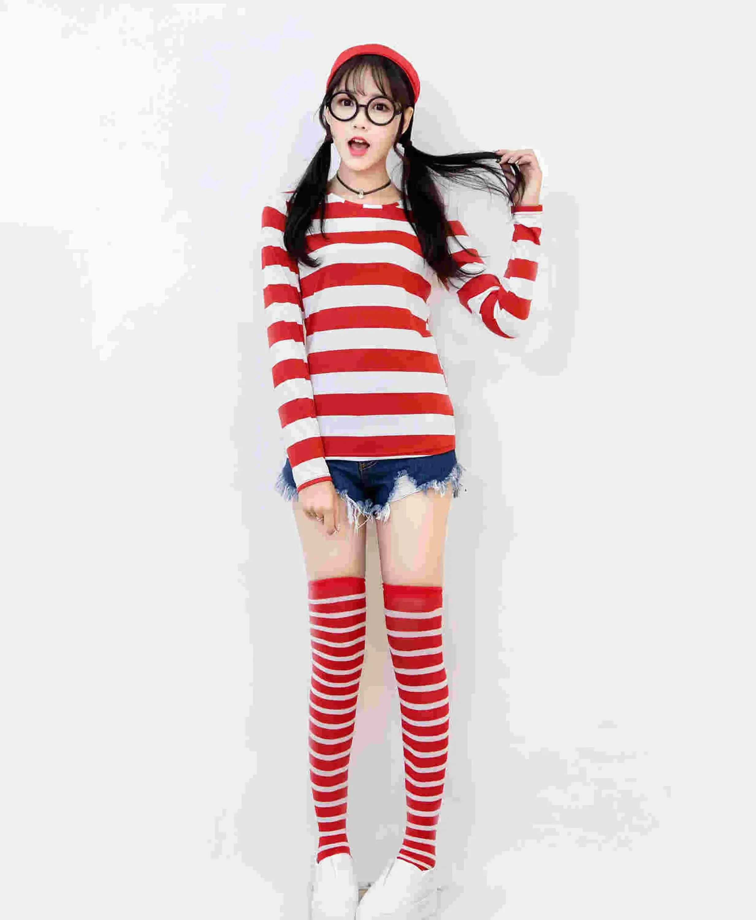 Disfraz de personaje Wenda Waldo para mujer, conjunto de camisa, sombrero, gafas y medias, ideal para el día del Libro Mundial