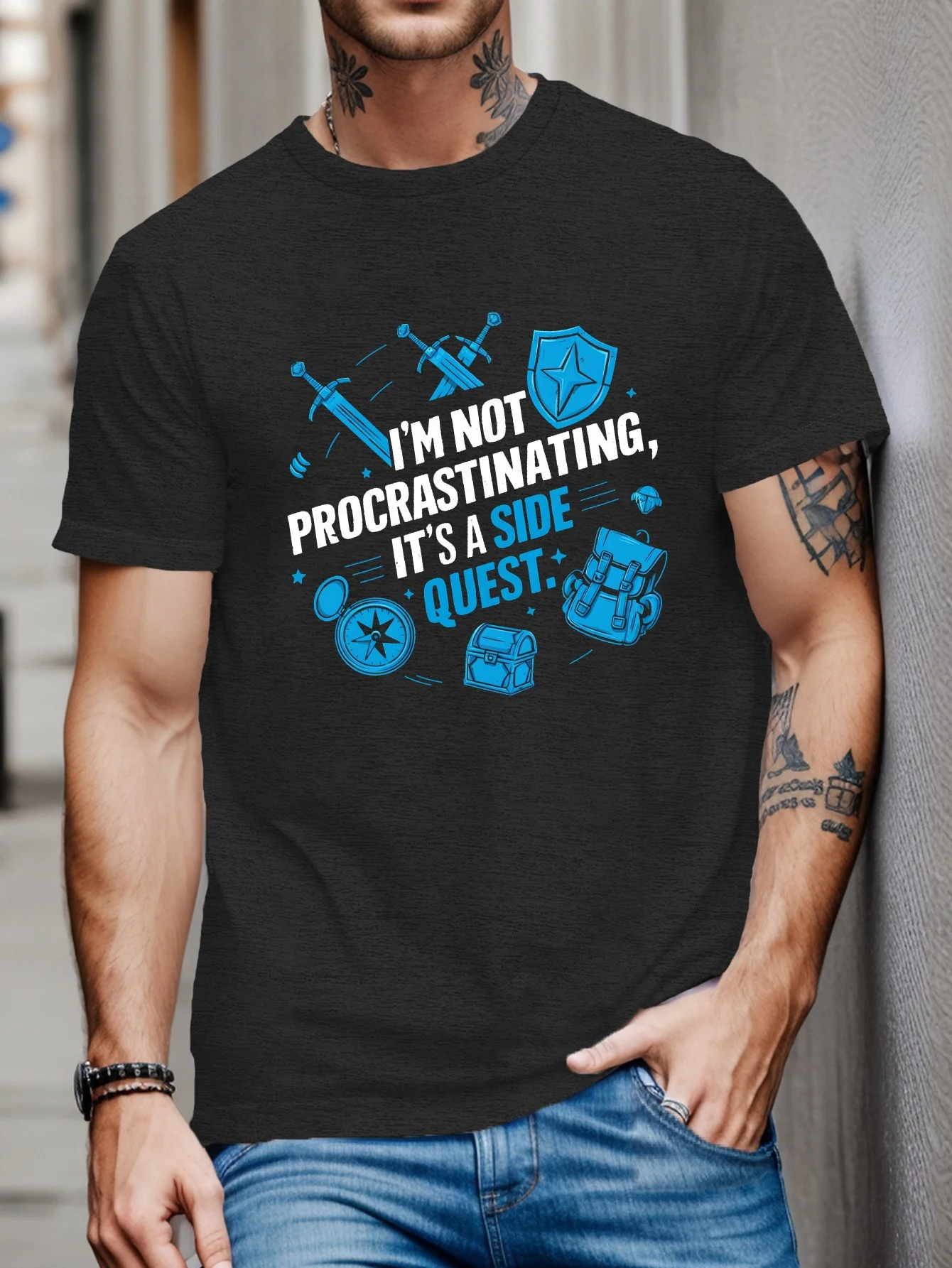 Unique 'Procrastinating Side Quest' Graphic T-Shirt 100% Cotton O-Neck Short Sleeve Summer Casual Mens T-shirt Streetwear