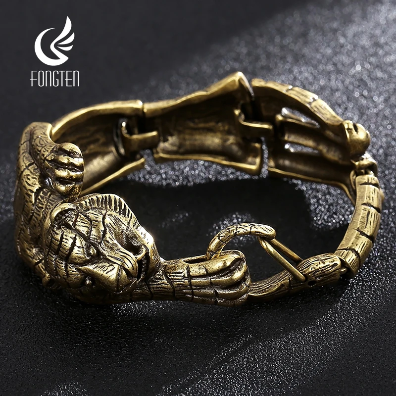 Fongten 21cm Tiger Bracelet for Men Stainless Steel Ferocious Animal Men Bangle Bracelets Brass Color Jewelry Wholesale