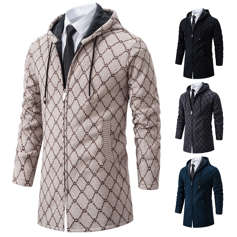 Male Knit Trench Coat Long Zipper Cardigan Winter Autumn New Sweater Long Jackets Korean Men's Luxury Parkas Hooded Overcoat