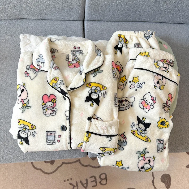 2Pcs Coral Velvet Cartoon Pajamas Suit Anime Hello Kitty Women Winter Warm Homewear Thickened Long Sleeves Pants Lounge Clothes