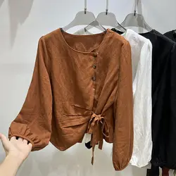 Women's Korean Fashion Lace-up Bow Ruched Blouse Elegant Chic Solid Loose Shirt Casual O Neck Long Sleeve Tops Blusas Para Mujer