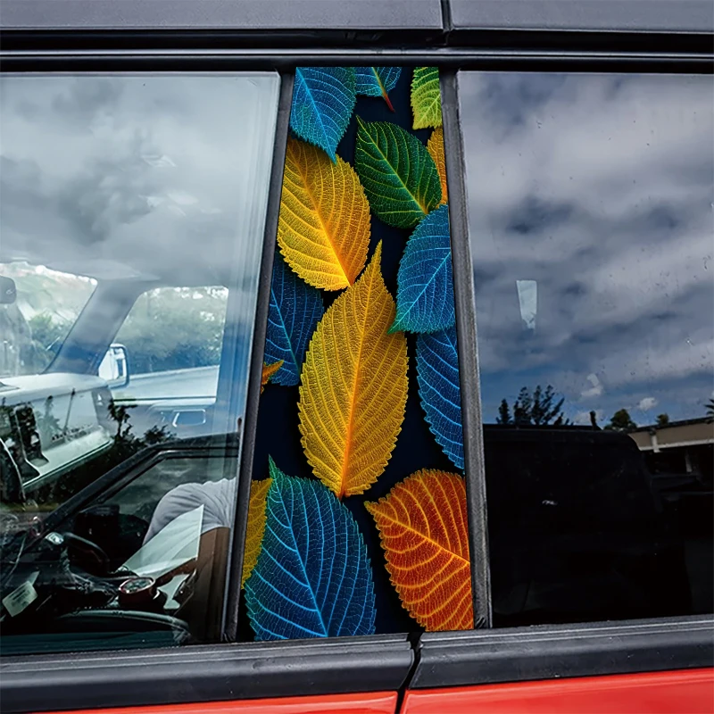 

2 штуки автомобильных наклеек на B-стойку, защитная пленка с цветными прожилками в виде листьев, пленка из ПВХ-материала.