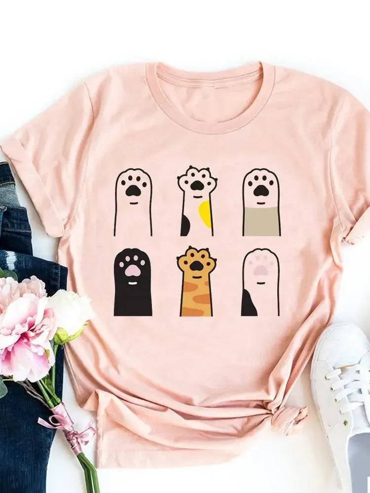 

Graphic T-shirt Women Paw Cat Cartoon Sweet Love Basic Tee Fashion Print T Shirt Short Sleeve Ladies Clothes Top Clothing