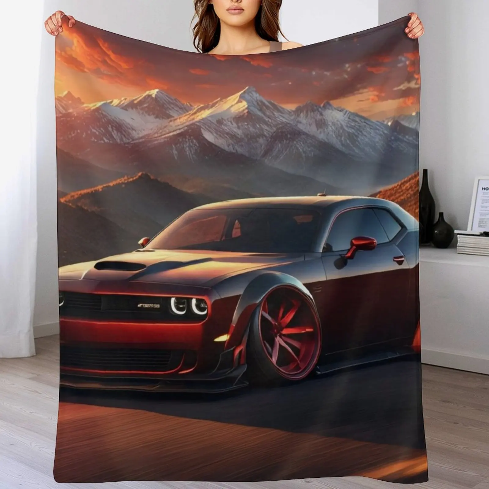 

Dodge Challenger in red, muscle car in the mountains, photorealistic, retro V3 Throw Blanket Loose Flannel Thins Bed Blankets