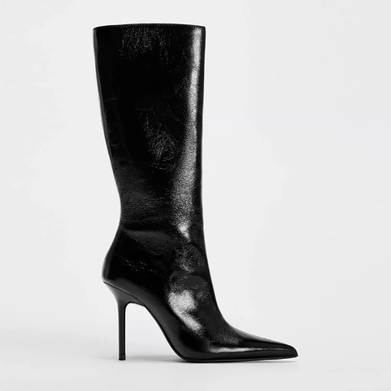 

Новые женские сапоги до колена с боковой молнией и острым носком, женские вечерние сапоги на высоком каблуке, женские длинные сапоги-трубы, женские Botines Mujer