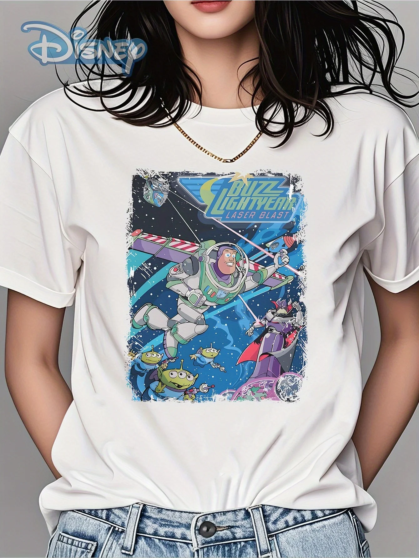 Camiseta de mujer con patrón de batalla espacial de Disney Buzz Lightyear con estampado de dibujos animados brillantes, cómoda para todas las estaciones