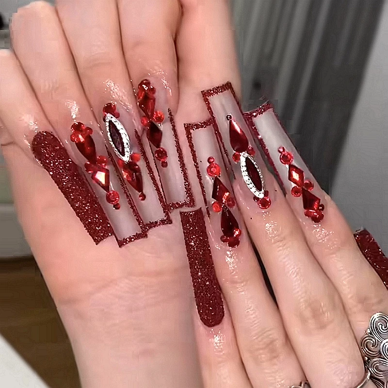 10PCS Handmade XXL Red Bling Rhinestone Press On Nails  Long Full Cover False Nails Tips Luxury Acrylic Fake Nail With Glue Gift