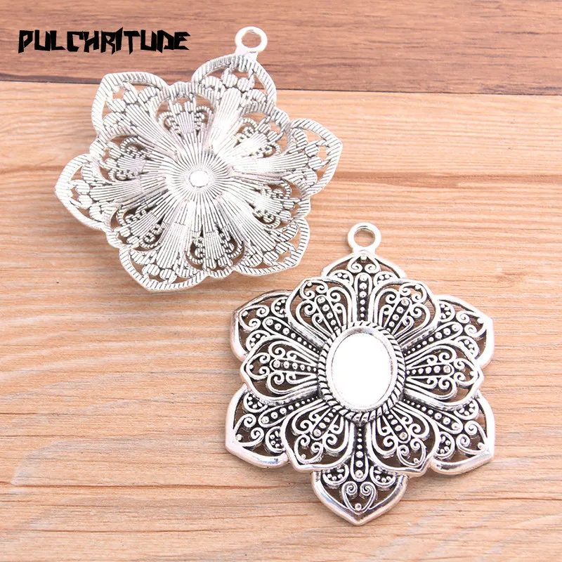 1pcs 13*18mm Inner Size Two Color Double Flower Plant Cabochon Base Setting Charms Pendant For DIY Jewelry Making