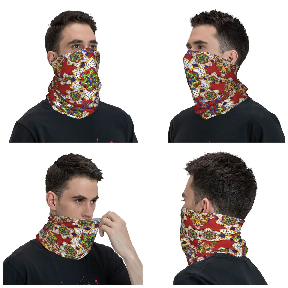 Mexican Talavera Flower Ornamental Pattern Bandana Neck Gaiter UV Protection Face Scarf Cover Men Women Headwear Tube Balaclava