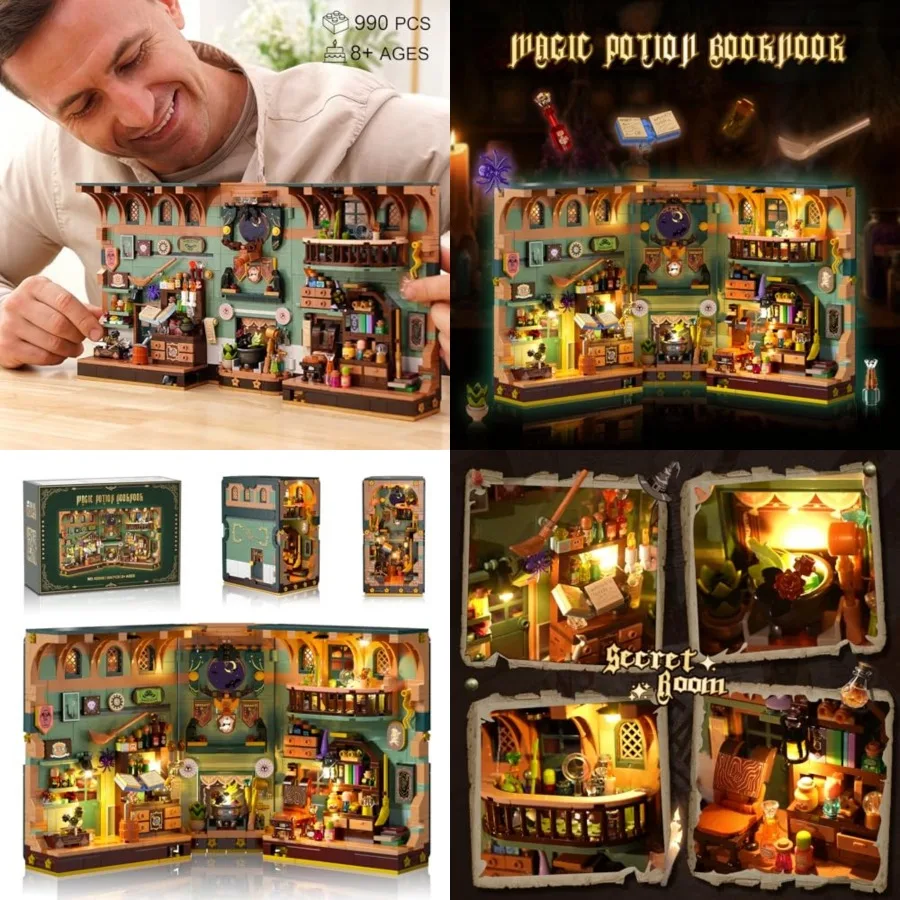 

Magic Potion Booknook Building Set with Light, DIY Bookend Building Block Kit for Home Decor Bookshelf, 990 PCS Miniature Book