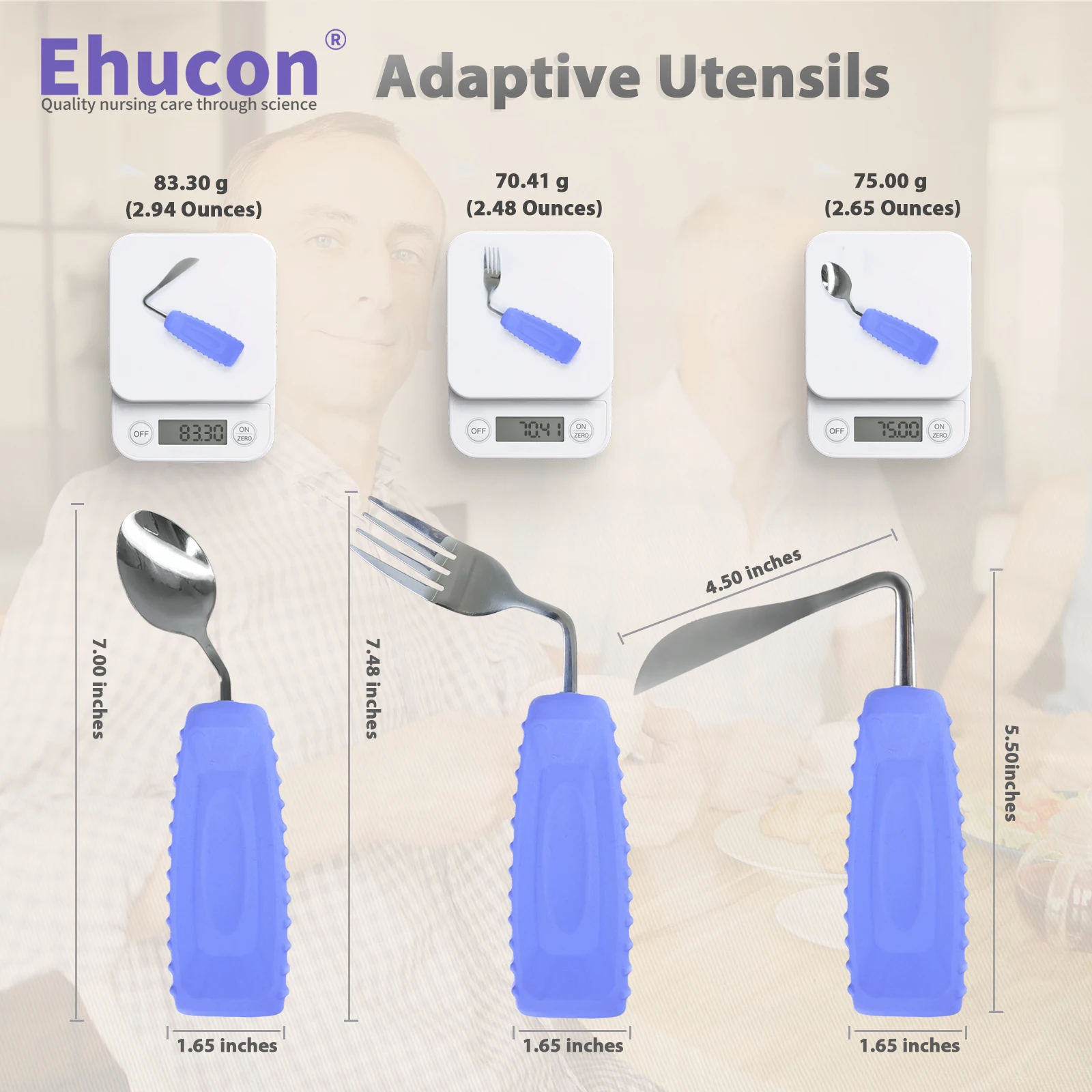 Ehucon Adaptive Utensils for Hand Tremors Parkinsons,Weighted Utensils with Non-Slip Easy Grip Handles Angled Knife,Fork & Spoon
