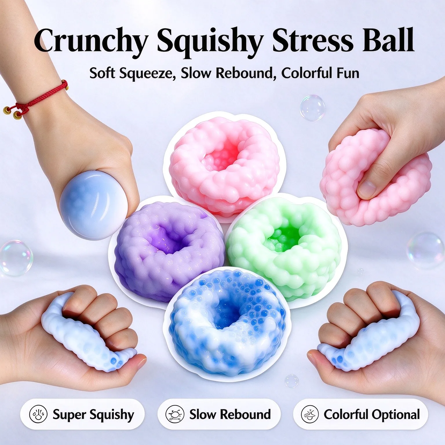 Cute Soft Mochi Bead Stress Reliever Crunchy Ball Non-toxic Washable Fidget Squeeze Toy for ADHD Anxiety Emotional Alleviate Toy