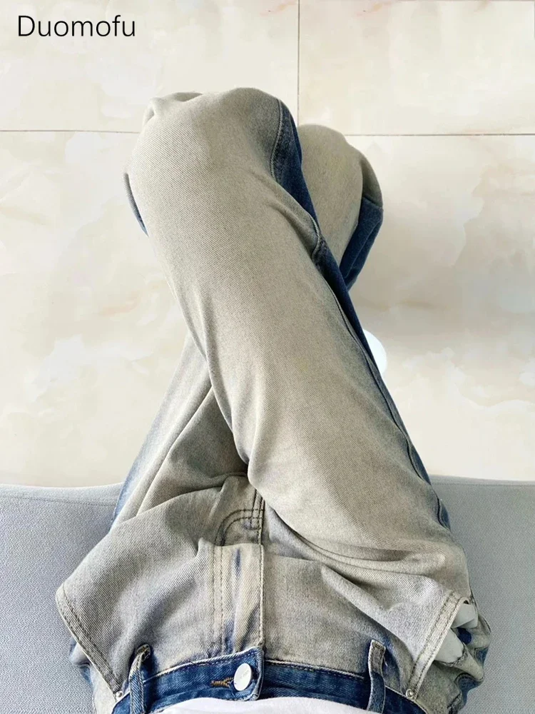 Duomofu 대비 색 클래식 높은 허리 슬림 여성 청바지 여름 패션 전체 길이 느슨한 스트레이트 스트리트 캐주얼 여성 청바지