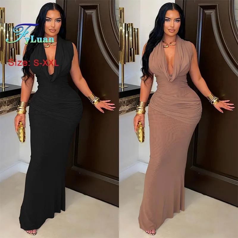 2025 neue Mode Damenbekleidung, figurbetontes Kleid, Temperament, ärmellos, tiefer V-Ausschnitt, langes Kleid, Schwarz, sexy Abendkleidung