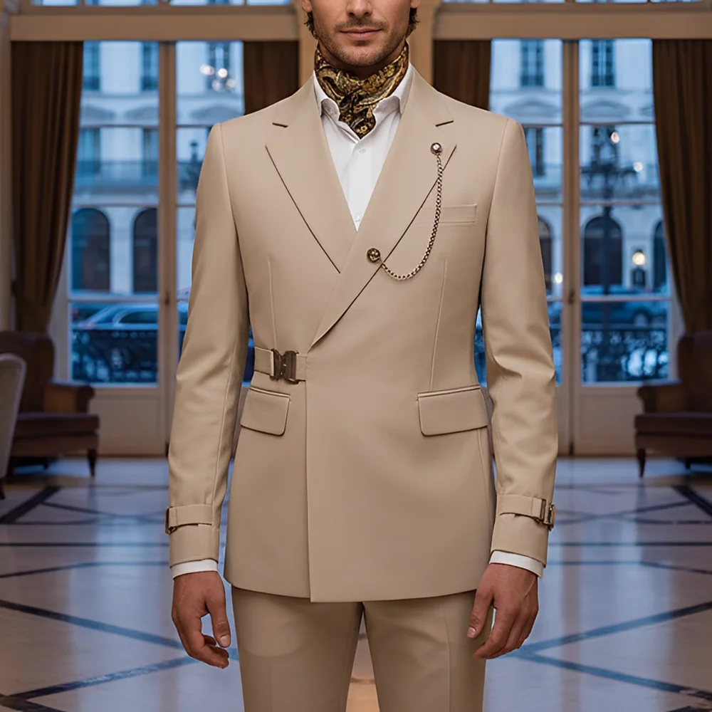 

Men's Beige 2-Piece Suit — Featuring Uniquely Designed Metal Adjustable Buttons — Wedding Groom's Tuxedo — Custom-Tailored Suit