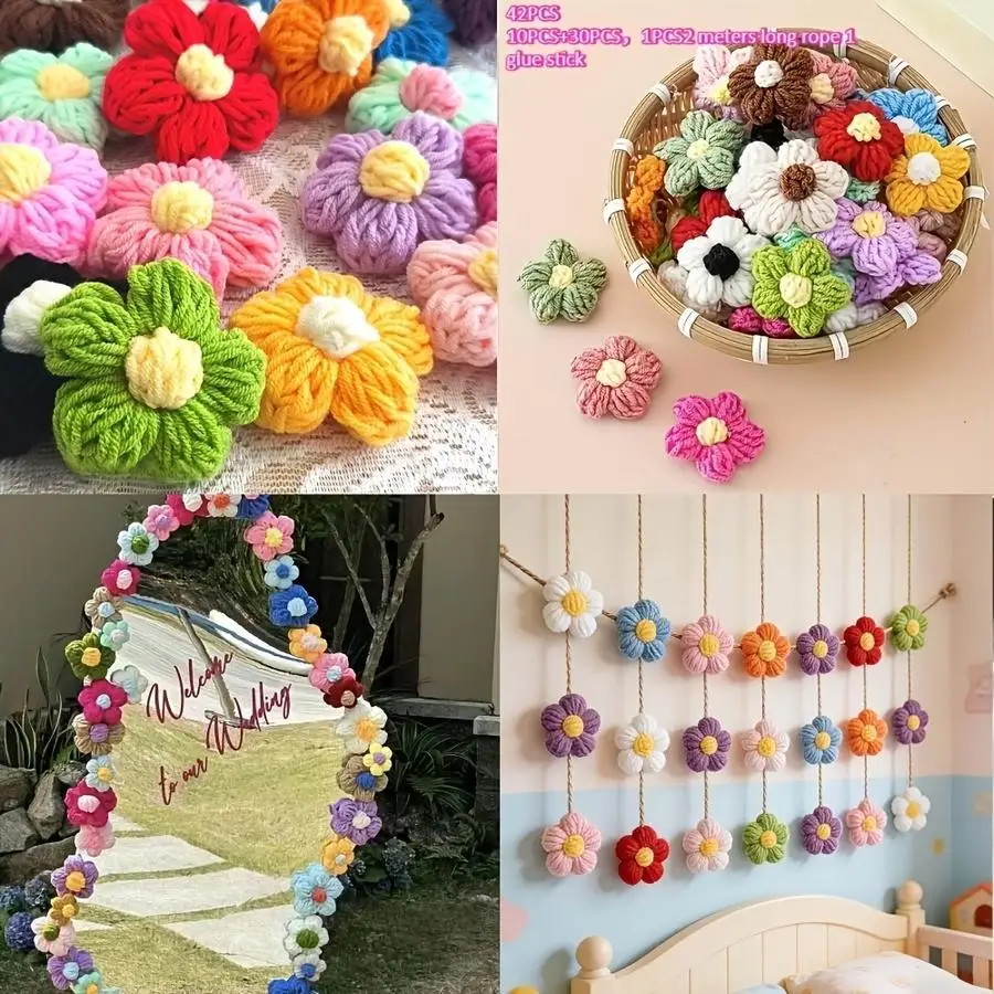 1/5/10/20/50/100pcs Premium Handmade Crochet Puff Flower Set, Includes s 7Cm/2.76Inch Large Flowers And s 4Cm/1.77Inch Small Flo