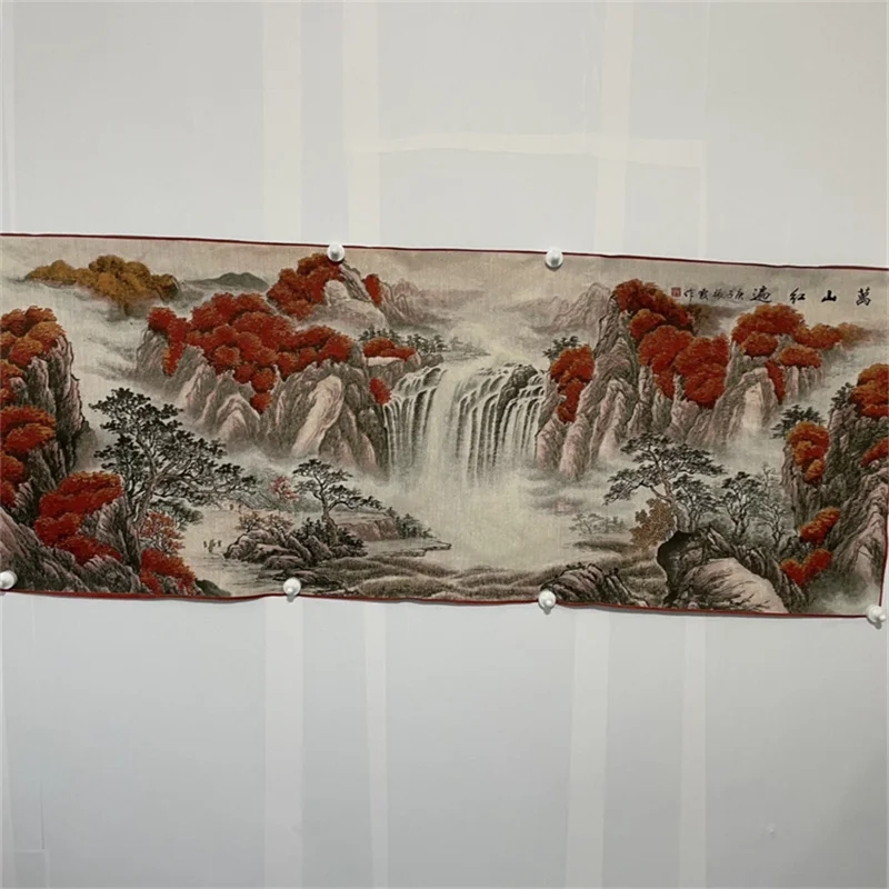Chinese Old Color Brocade Embroidery Artwork Landscape Painting 'Red Mountains Everywhere' Decorative Home Decor Piece