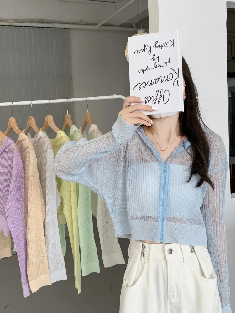 

2025 летние новые кардиганы на молнии, женские милые тонкие дышащие солнцезащитные свитера с капюшоном, женский свитер