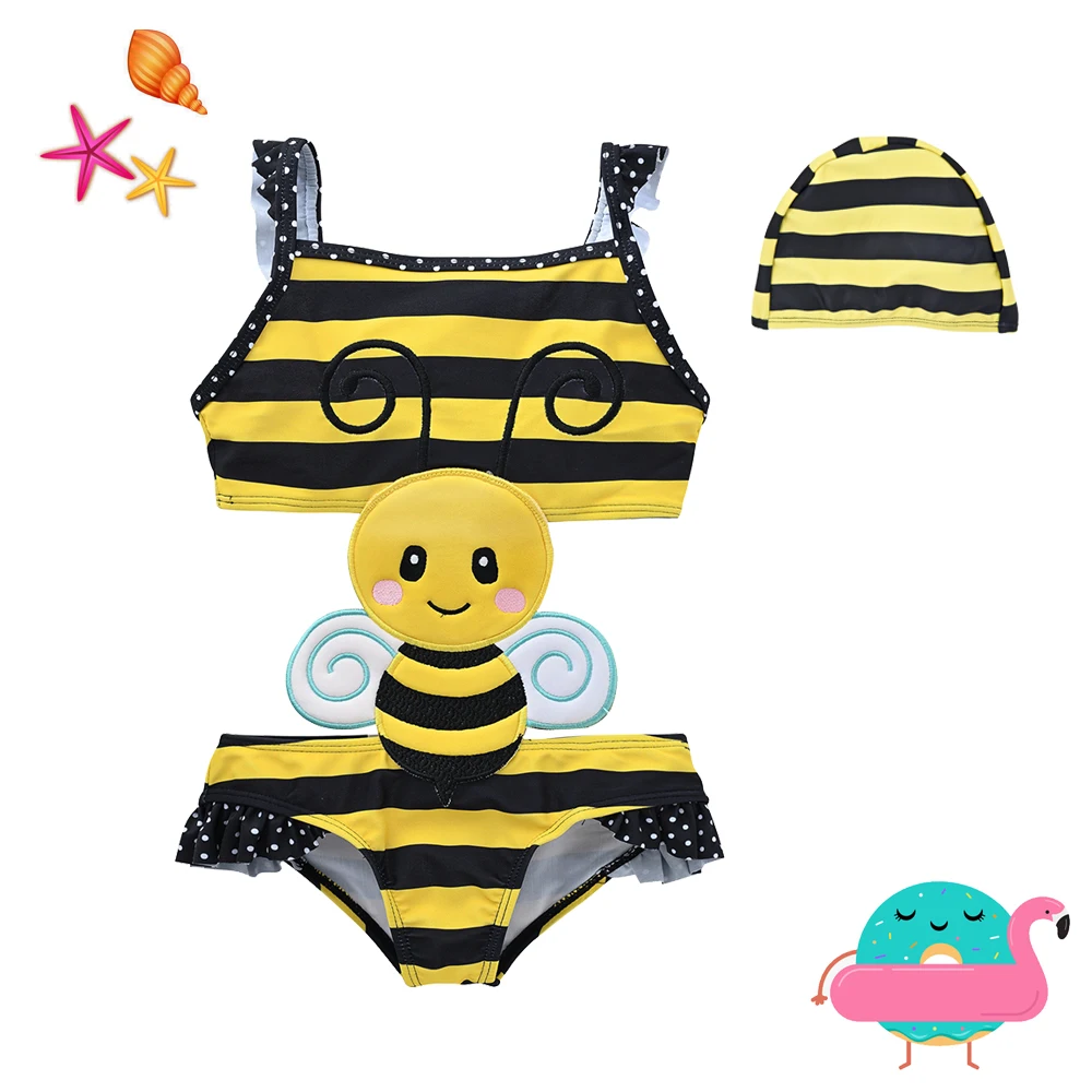 Kavkas Swimming For Baby Girls Summer Cartoon Bee Embroidery One Piece Swimsuit Bathing Cap Suit костюм для девочки