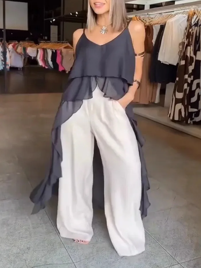 

2025 European and American cross-border women's clothing in spring and summer new sexy temperament V-neck ruffle irregular suspe