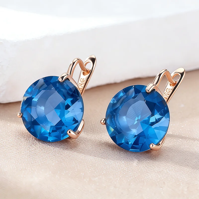Wbmqda Blaue runde Stein-Tropfenohrringe für Damen, 585er Roségold, feiner Zirkon, Schmuckzubehör