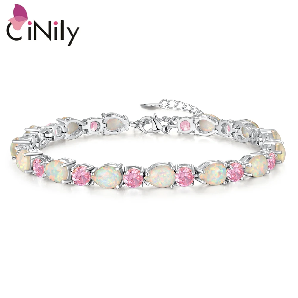 CiNily Created White Fire Opal Pink White Stone Silver Plated Wholesale Jewelry for Women Chain Bracelet 7 3/8