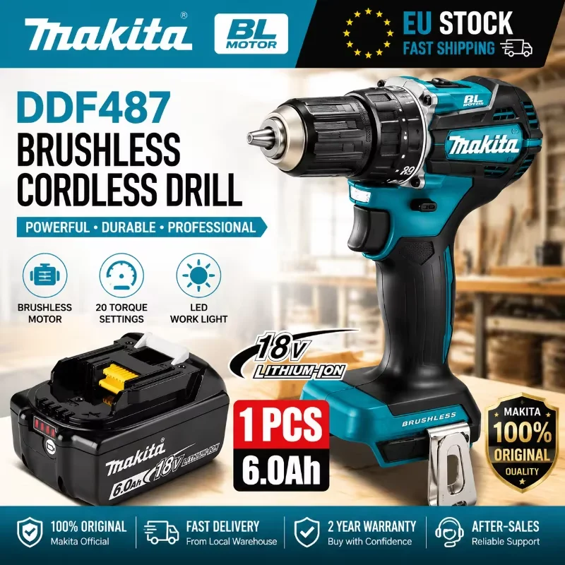 18V Akku-Bohrschrauber Makita DDF487 Bürstenlos Hochdrehmoment + BL1860B BL1840 6.0Ah Lithium-Akku Original OEM Elektrowerkzeug-Set EU-Lager Schnelle Lieferung