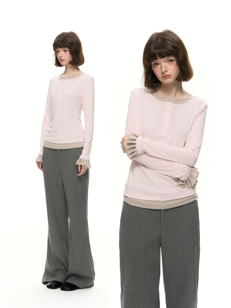 

Romance Nanci Pink Long Sve T-irt with Lace Sves Base irt Girl's Faion Slim Fit round Ne Regular Length