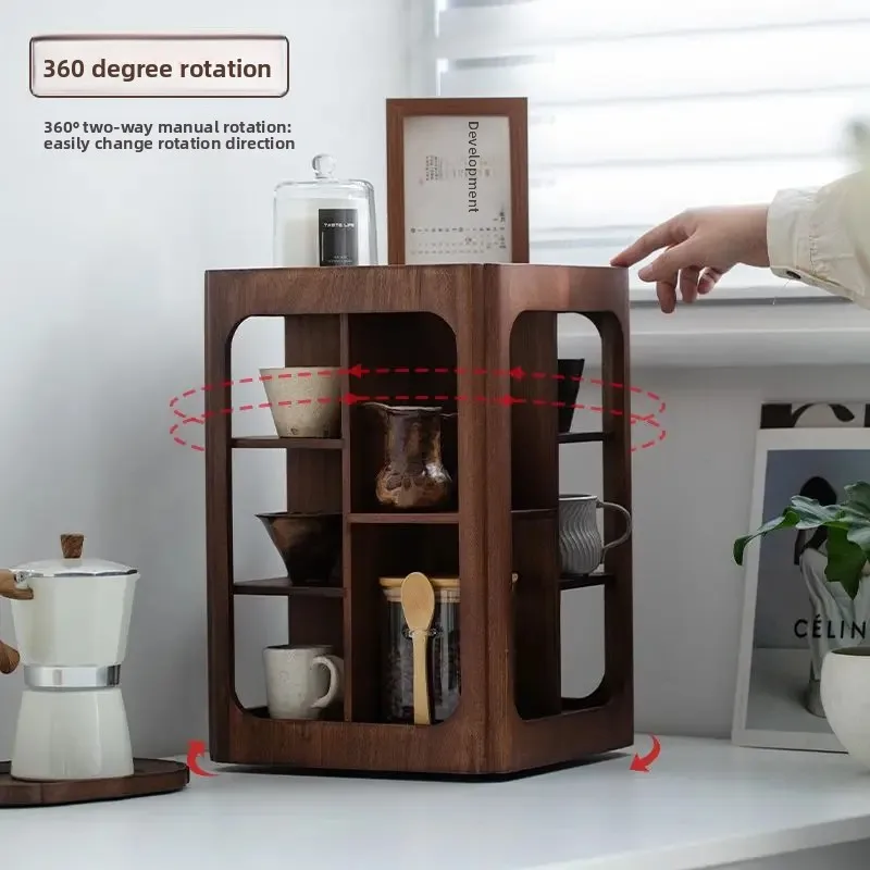 Walnut Wood 4‑Tier Rotating Storage Rack Chinese‑Style Countertop Organizer for Cups Cosmetics Desktop Holder